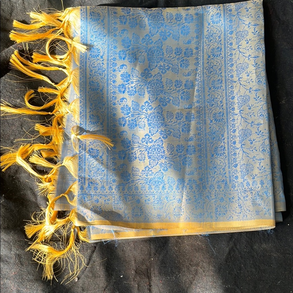 Elegant Blue and Yellow Floral Scarf